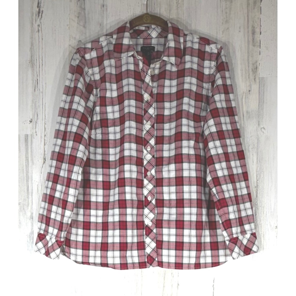 Talbots Plaid Button Up Medium Petite Red White Metallic Classic Lightweight